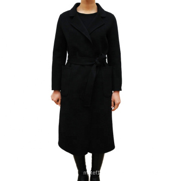 High Quality Factory Custom Black 100% Wool Elegant Long Belt Waist Slim Fit Women Woolen Coat